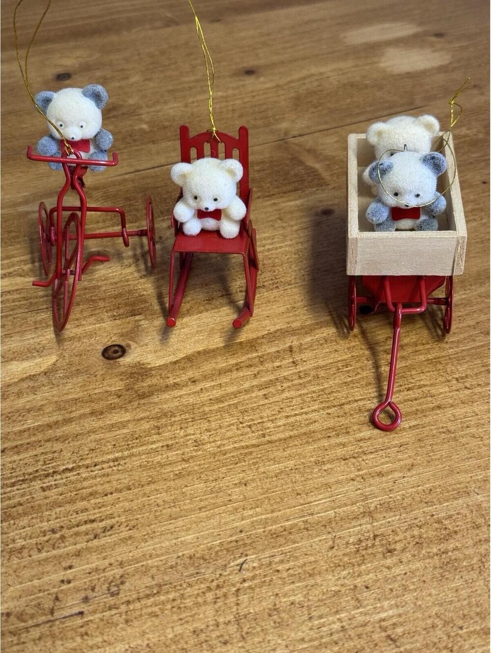 Vintage Avon Christmas Flocked Teddy Bear Ornaments Set Of 3 Wagon Bicycle Chair